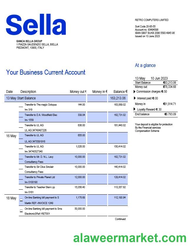 Sella Bank business checking account statement Word and PDF template